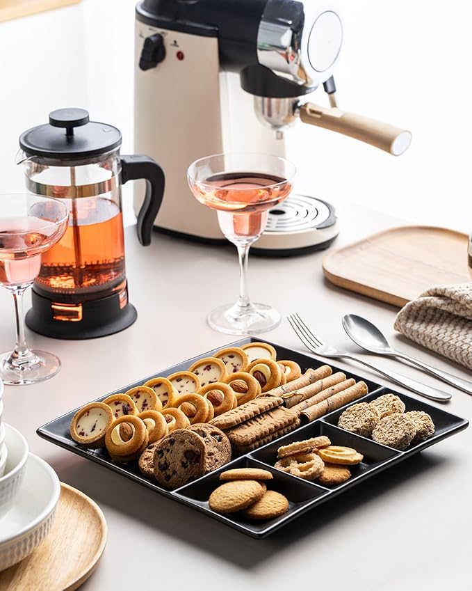 LAUCHUH Divided Serving Platters, 11 x 11 inch Porcelain Chip & Dip Serving Set Dinner Serving Tray 4 -Compartment Serving Dishes for Thanksgiving, Candy, Nuts,Veggies, Snacks and Sauce, Black