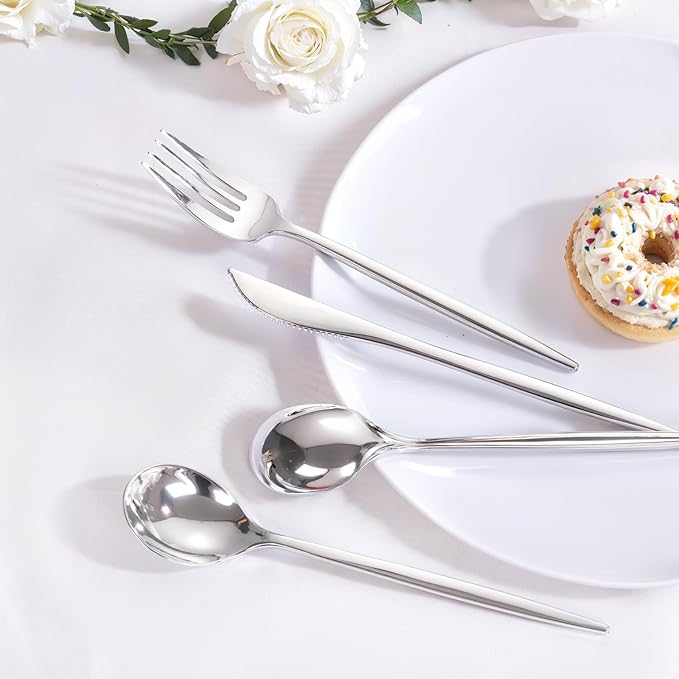 PULOTE 300PCS Silver Plastic Silverware Disposable - Heavy Duty Silver Plastic Cutlery - Disposable Utensils Set Include 100 Knives, 100 Forks and 100 Spoons for Party & Wedding