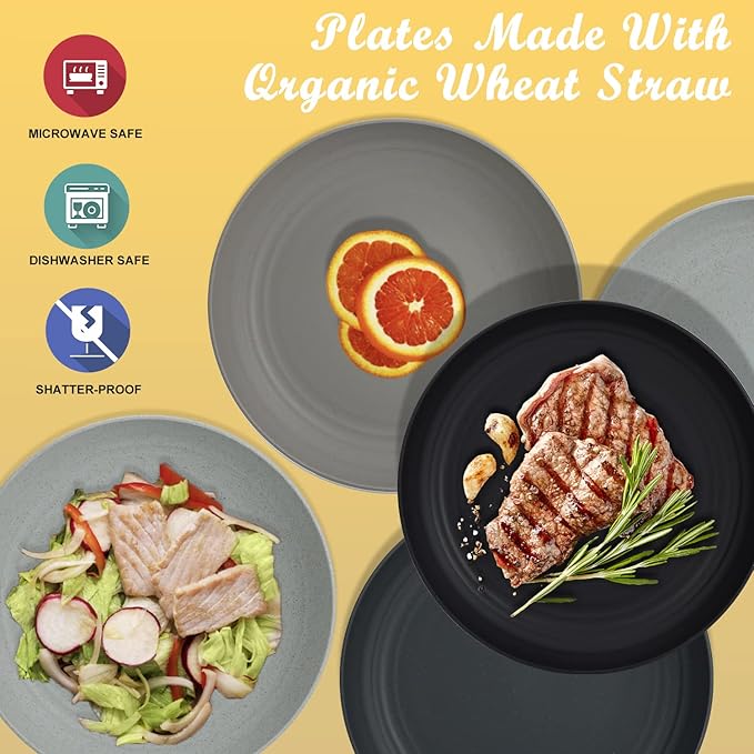 Wrova Wheat Straw Dinner Plates - 10 Inch Unbreakable Set of 8 - Dishwasher & Microwave Safe Reusable Plates - Lightweight for Kitchen, Camping (Classic Series)