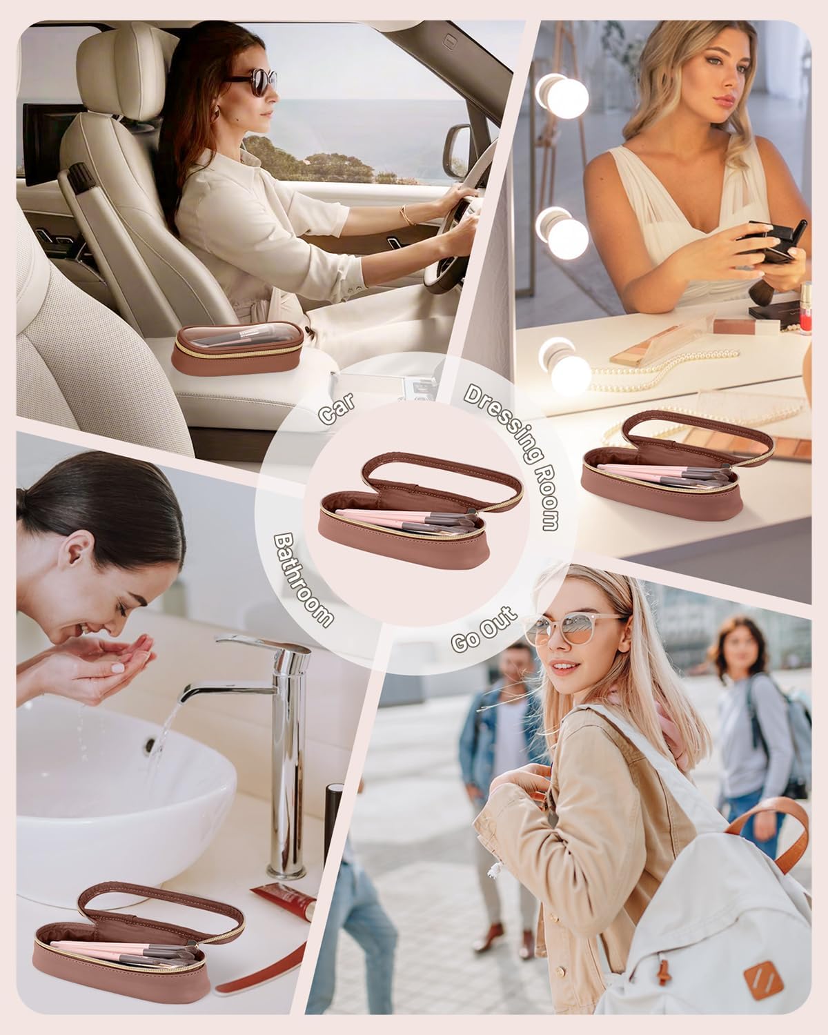 Clear Travel Makeup Brush Holder, Leather Makeup Brush Toiletry Bag, Portable Cosmetic Brush Case, Transparent Waterproof Makeup Brush Storage Bag, Brown-BrightBean Baby