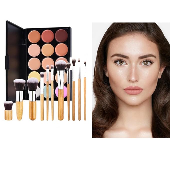 15 Colour Makeup Contour Palette Cream Kit, with 11 Pcs Complete Function Makeup Brushes Set and Storage Bag, Highlighting Light, Medium to Dark, Vegan & Cruelty Free-BrightBean Baby