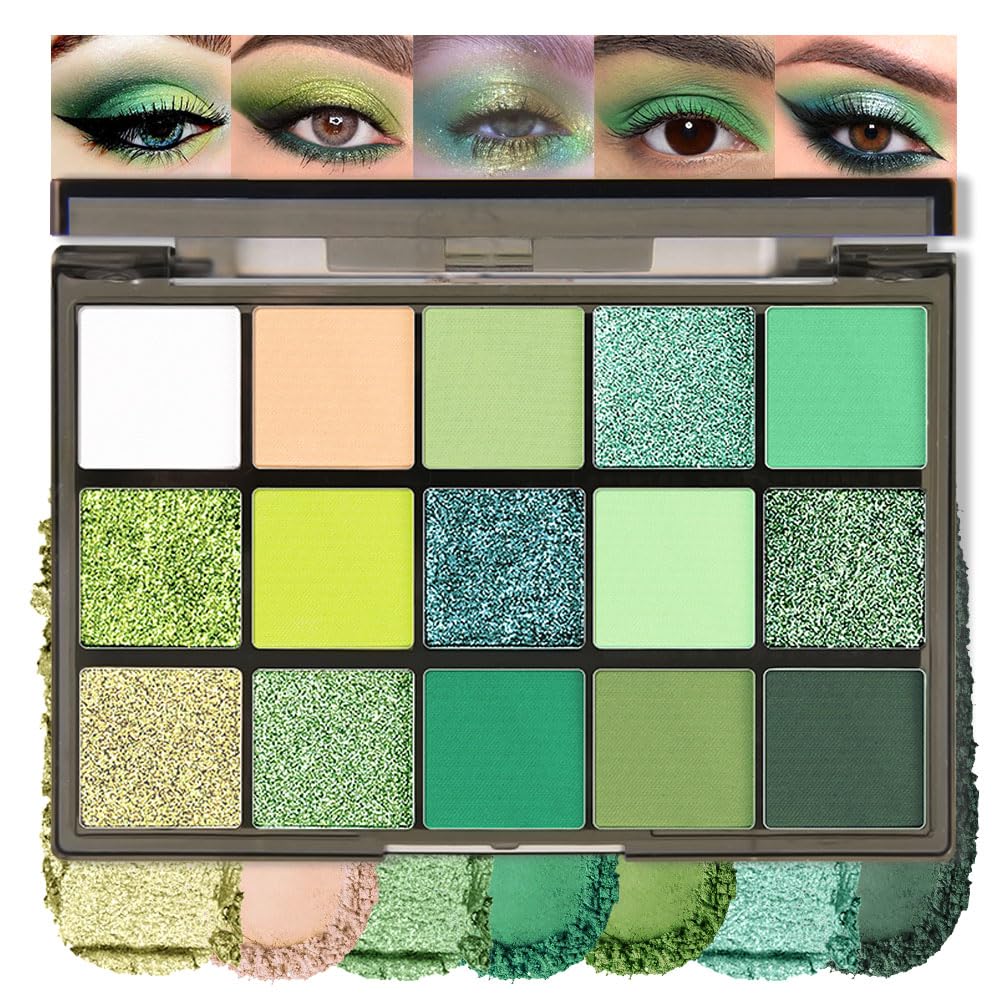15 Colors Green Matte & Shimmer Eyeshadow Palette - Olive Teal GreenYellow DarkSeaGreen LimeGreen Pink White Eye Shadow Primers Powder for Smoky Looks, Makeup Artist Friendly, Vegan & Cruelty-Free-BrightBean Baby