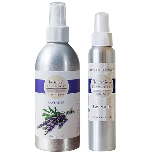 Victoria's Lavender Pillow and Linen Spray Mist (8 oz) and Aromatherapy Body Mist (4 oz) - After Sun Solar Recovery Spray with Aloe Vera and Lavender Essential Oil - Set of 3 – Made in the USA-BrightBean Baby