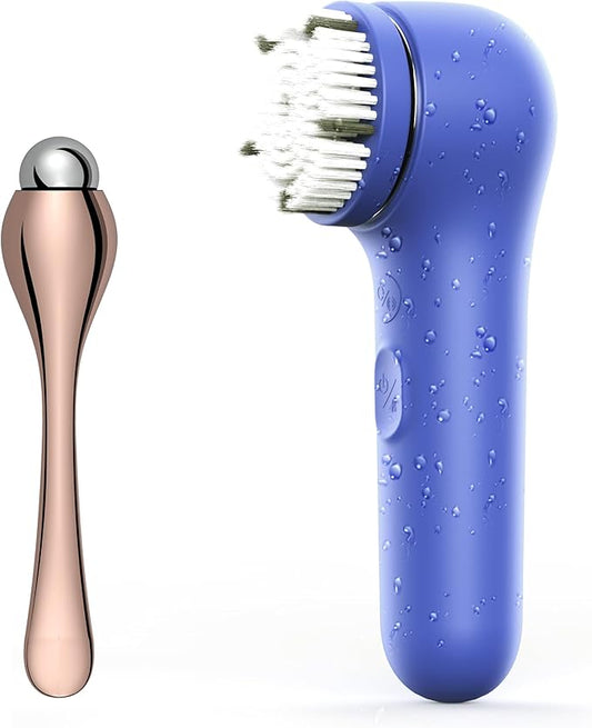 Premium Face Scrubber, Deep Pore Cleansing Brush, Waterproof & Rechargeable Face Scrub Brush for Men& Women, Electric Facial Exfoliator with 3 Brushes, 3 Intensities, 2 Modes with Eye Rollor - Azure-BrightBean Baby