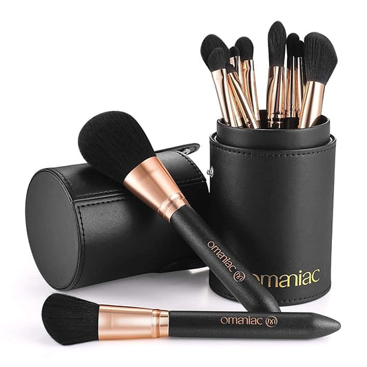OMANIAC Makeup Brush Set Professional, 12 Pearlescent Wood Handle Makeup Brushes, Premium Cruelty-Free Synthetic Fiber Hair, Travel Make up Brushes Set with Case (Black).-BrightBean Baby