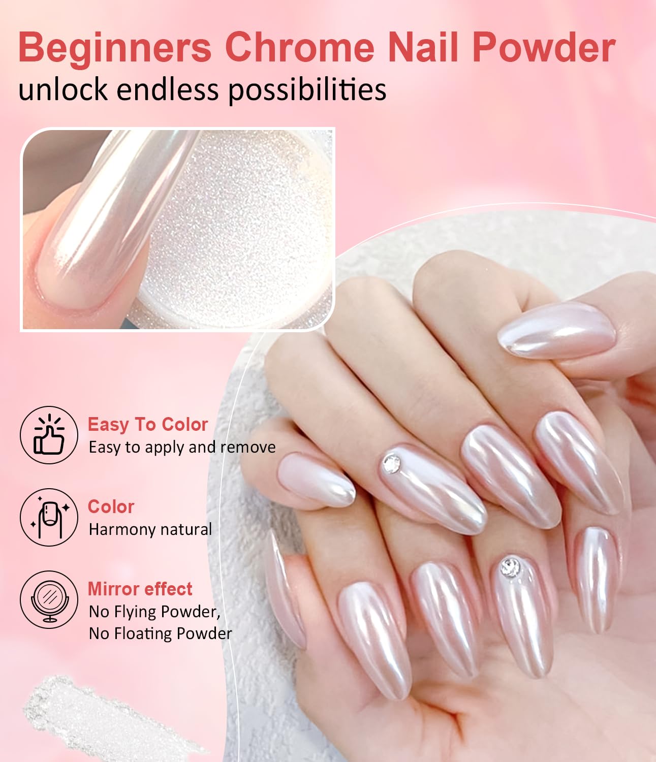 Pearl Chrome Nail Powder BISHENGYF -【Metallic Mirror Effect】Magic Mirror Silver Chrome Nail Powder White Aurora Mermaid Iridescent Nail Chrome Powder Glitter Pigment Dust For Nail Art Decroation DIY-BrightBean Baby
