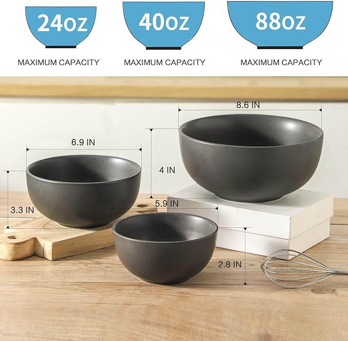 Tikoore Ceramic Mixing Bowls Set of 3, 24oz 40oz 88oz Nesting Bowl Ideal for Parties Dinners Serving Salad Fruit, Versatile for Mixing Prepping Serving in Kitchen, Dishwasher Microwave Safe Black