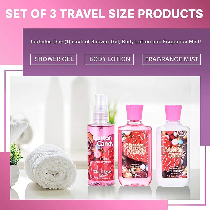 Bath & Body Care Travel Set - Home Spa Set with Body Lotion, Shower Gel and Fragrance Mist, Valentines Day Gifts for Her and Him(Cotton Candy)-BrightBean Baby