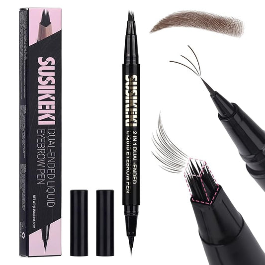 Dual Ended Microblading Eyebrow Pen - 2 in 1 Liquid Eyebrow Pencil with Brow-Fection Angled Brush & Precise Detail Brush-Tip, Shapes & Fills Hair-Like Looking Brows, Lasts All-Day, Dark Brown-BrightBean Baby