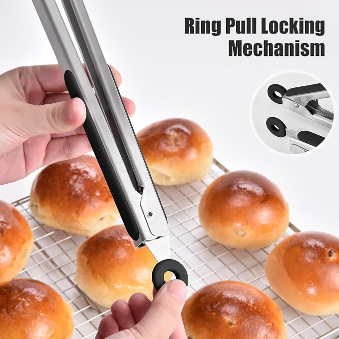 Doosu Kitchen Tongs for Cooking - 600°F Heat Resistant Food Tong with Non-Scratch Silicone Tips, Heavy Duty Stainless Steel Locking Tong for BBQ, Grilling Steak, Serving Salad, Pasta (12in, Black)