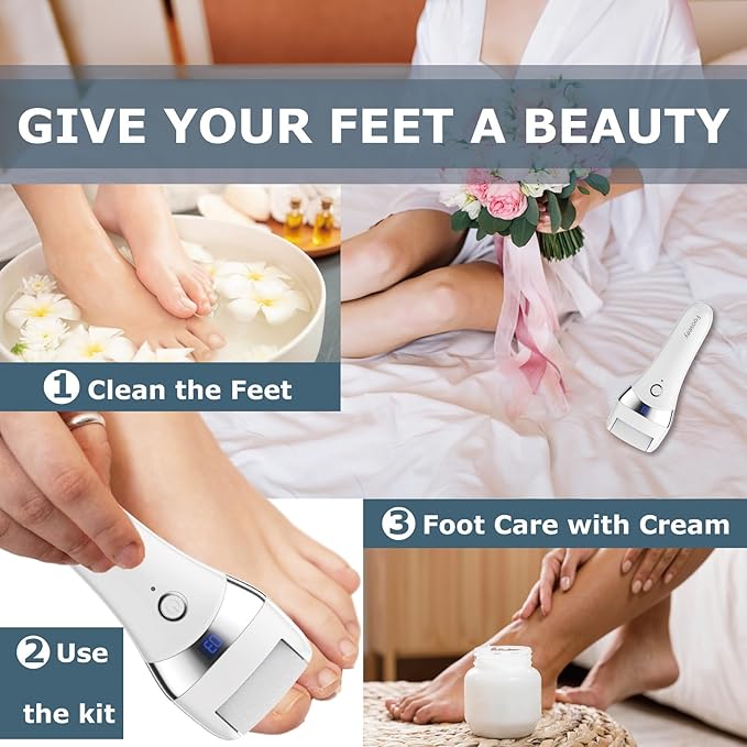 Upgraded Electric Foot Callues Remover, Portable Electric Foot Files with 3 Heads, Rechargeable Feet File for Foot Care, Waterproof Deadskin Remover, Pedicure Tool for Dry and Crack Feet-BrightBean Baby