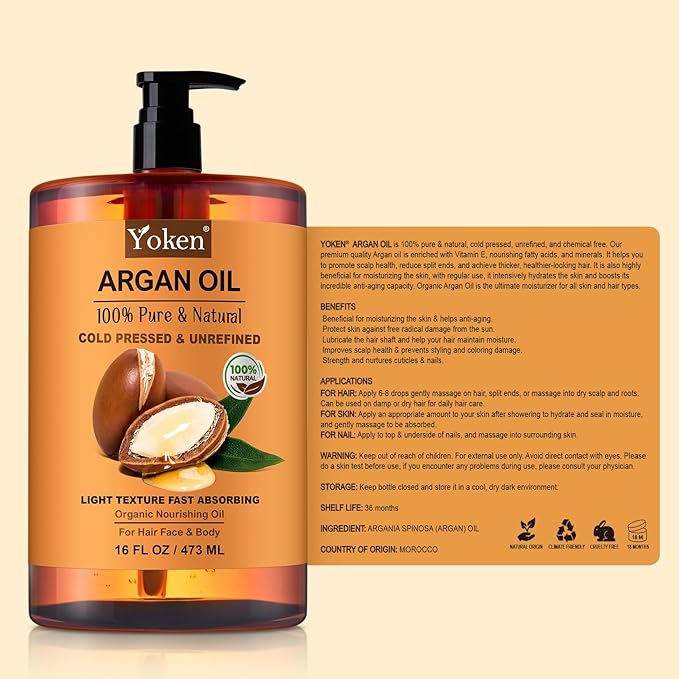 Yoken Argan Oil for Hair, Pure and Natural Morocco Argan Oil, Argon Oil For Hair, Scalp, Face & Skin Care, 100% Cold Pressed Hair Conditioner, Unrefined Argon Nails Carrier Oil (16 Fl Oz)-BrightBean Baby