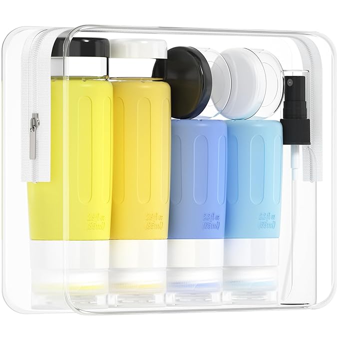 Morfone 16 Pack Silicone Travel Bottles Set for Toiletries TSA Approved Travel Containers Leakproof Squeezable Refillable Accessories 2oz 3oz for Shampoo Conditioner Lotion Liquids (Yellow Blue)-BrightBean Baby