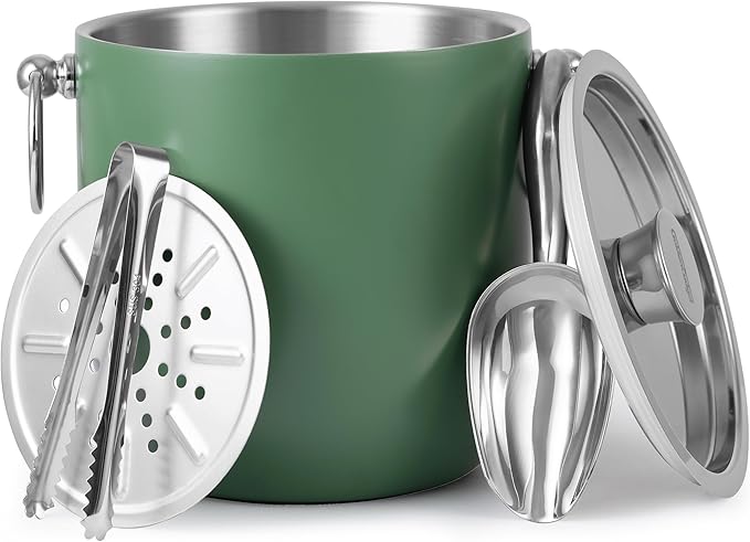 Insulated Ice Bucket, 3L Double Wall Stainless Steel Ice Bucket with Tongs,Lid, Scoop and Strainer, Ice Buckets for Parties,Cocktail Bars, Chilling Beer, Champagne, Wine Bottles，Green