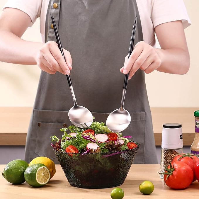 Lemeya Silver Black Salad Serving Utensils,Serving Spoons Stainless Steel,2Pcs Long Handle Salad Servers 11.42 Inch,Salad Utensils for Serving,Matte Finish,Dishwasher Safe