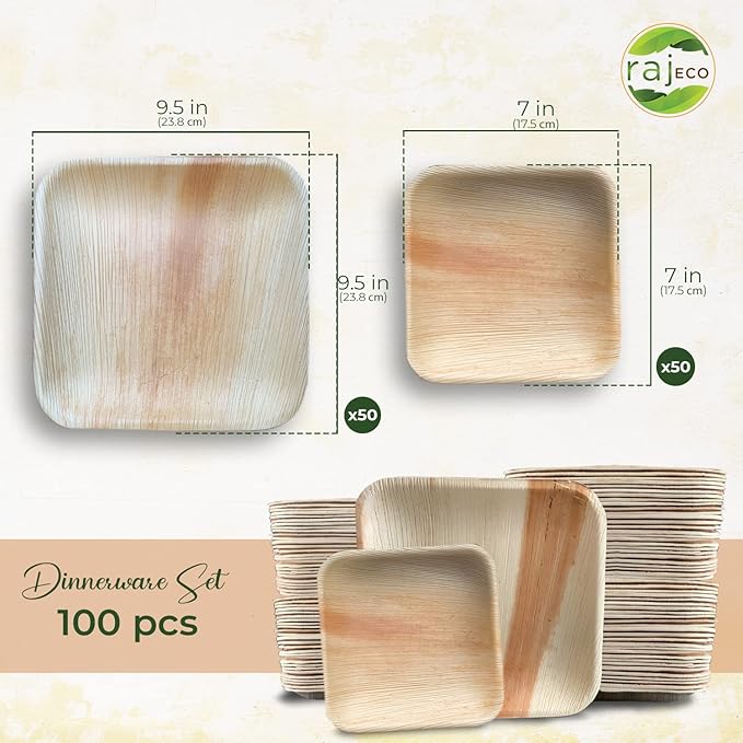 Raj Palm Leaf Plates Plates like Bamboo plates Disposable, Decorative Compostable Tableware for wedding, Lunch, Dinner, Birthday, Camping, Outdoor BBQ, Picnic (9.5"x50 7"x50 (100 Pack))