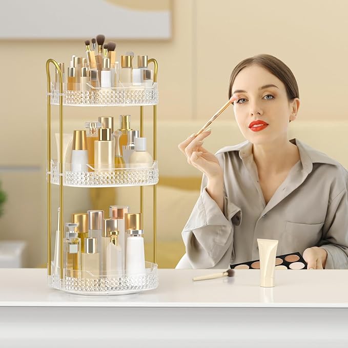 Rotating Makeup Organizer for Vanity 3 Tier, Perfume Organizer with Makeup Brush Holder, Large Capacity Cosmetics Clear Skincare Organizer for Countertop (Transparent)-BrightBean Baby