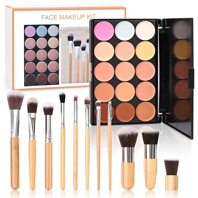 15 Colour Makeup Contour Palette Cream Kit, with 11 Pcs Complete Function Makeup Brushes Set and Storage Bag, Highlighting Light, Medium to Dark, Vegan & Cruelty Free-BrightBean Baby