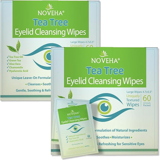 NOVEHA 120Pcs Tea Tree Oil Eyelid & Lash Wipes With Hyaluronic Acid, Green Tea & Chamomile For Blepharitis & Itchy Eyes, Individually Wrapped Eyelash Wipes, Natural Makeup Remover & Cleanser (2 Pack)-BrightBean Baby