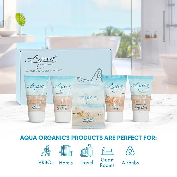 Aqua Organics Amenity Kit|Boxed Hotel Toiletries|Bulk Set 1 oz Travel Size Shampoo, Conditioner, Lotion, Body Wash & Bar Soap for Guest Hospitality AirBnB/Vacation Rentals|300 Pieces-BrightBean Baby
