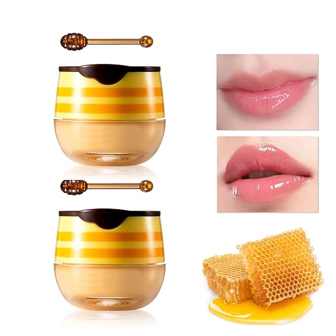 2Pcs Honey Pot Bee Lip Balm with Honey Spoon,Honey Lip Sleeping Mask Overnight 24HR Repair Lip Reduces Lip Lines,Exfoliator Moisturizing Moisture Dry & Chapped Lip Care Products-BrightBean Baby
