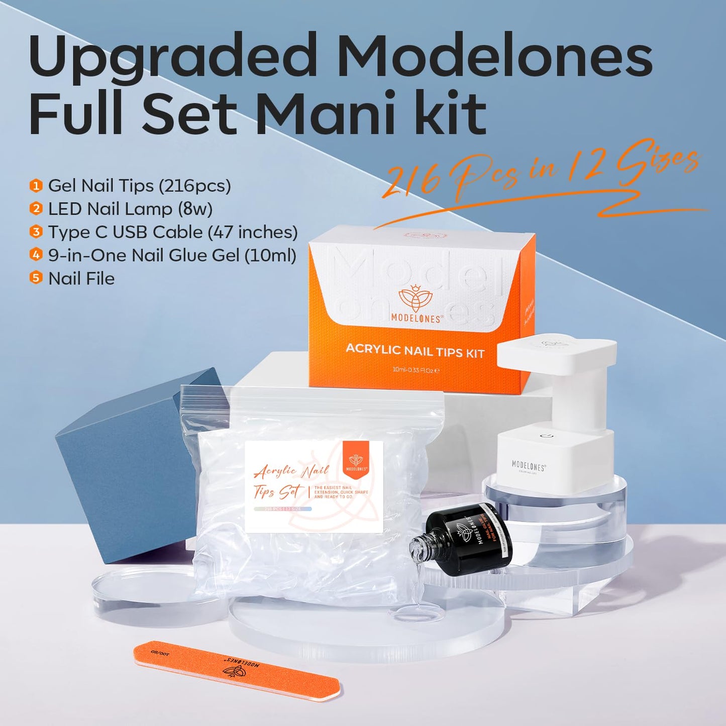 modelones Extra Short Almond Gel Nail Tips Kit, 9-in-One Nail Glue with Portable U V Lamp 216Pcs 12Sizes Pre-Etched Press ons Fake Acrylic Extension Kit DIY Salon Gift for Women-BrightBean Baby