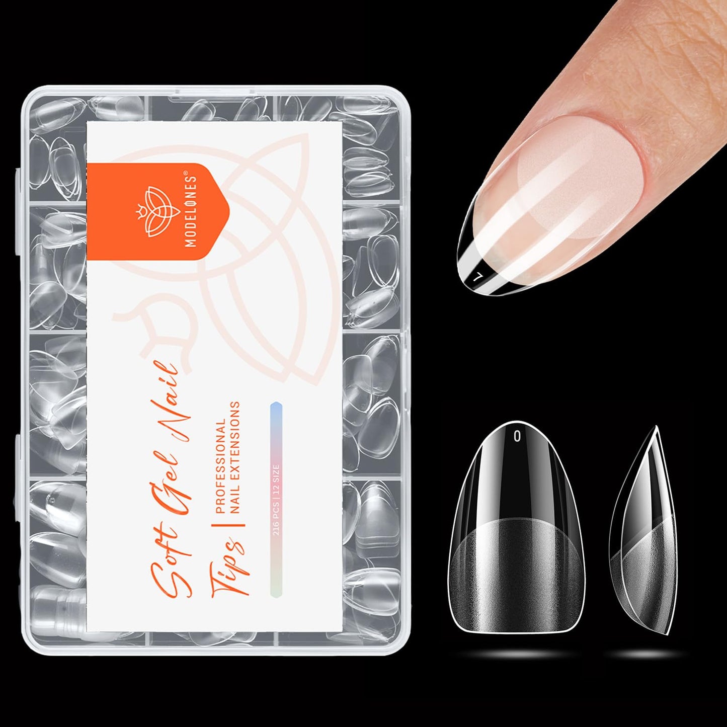 modelones Extra Short Almond Nail Tips, Pre-shaped Tips x Gel Soft Fake Nails False Acrylic Clear Full Cover Press on Extension Kit x Gel Manicure DIY at Home 216PCS 12Sizes-BrightBean Baby