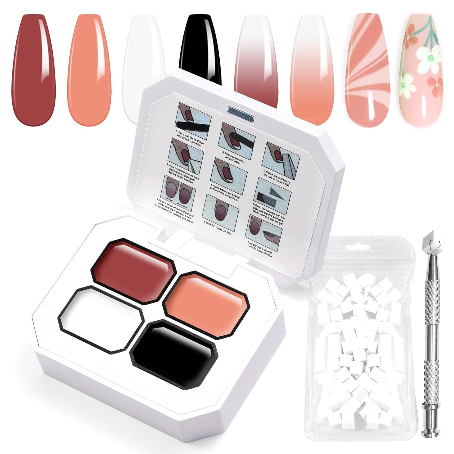 Gradient Painting Gel, 4 Colors Ombre Gel Nail Polish Include White Nude Almond Black Sponging for Pigment Pat Nails French Manicure Soak Off UV DIY Nail Art Essentia Set-BrightBean Baby