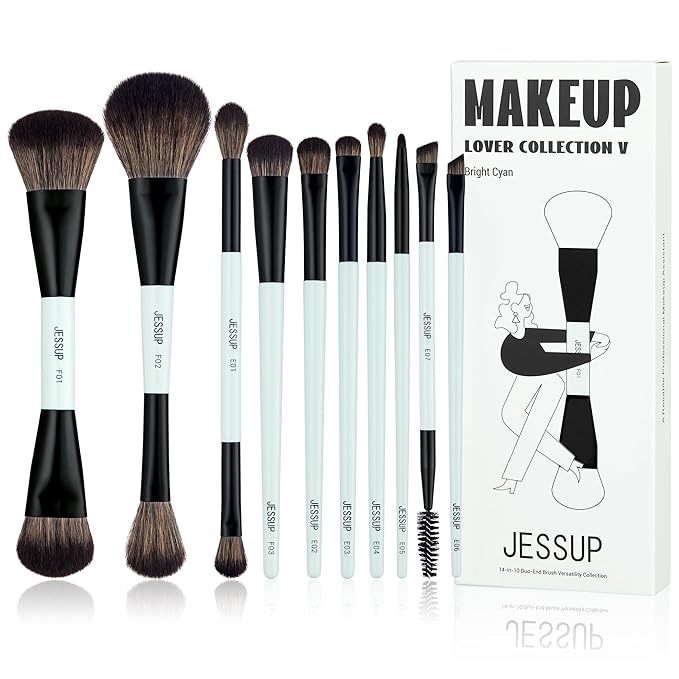 Jessup Makeup Brushes Set 10pcs, Double Sided Foundation Contour Blush Highlight Blending Eyebrow Brush Eyeshadow Eyeliner Concealer Brush, Bright Cyan Cruelty Free Cosmetic Tools T500-BrightBean Baby