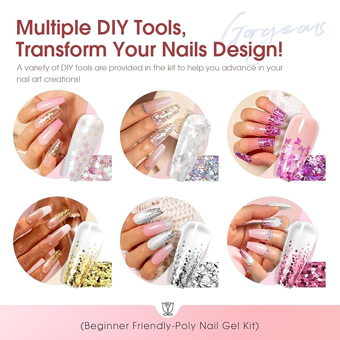 Poly Nail Gel Kit -20 Colors + 76 Nail Art Accessories ROSALIND Nude Clear Poly Nails Gel Kit Starter Kit with Slip Solution Nude Pink Nails Extensions with Mini UV Lamp-BrightBean Baby