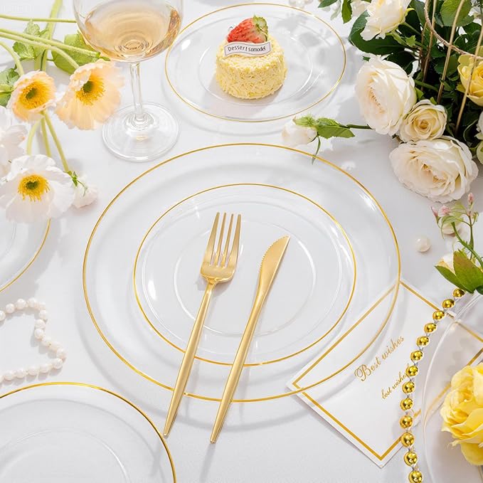 bUCLA 200PCS Clear and Gold Plastic Plates - Clear Disposable Plates with Gold Rim, Includes 100 PCS 10 inch Dinner Plates and 100 PCS 7 inch Dessert Plates for Party&Wedding
