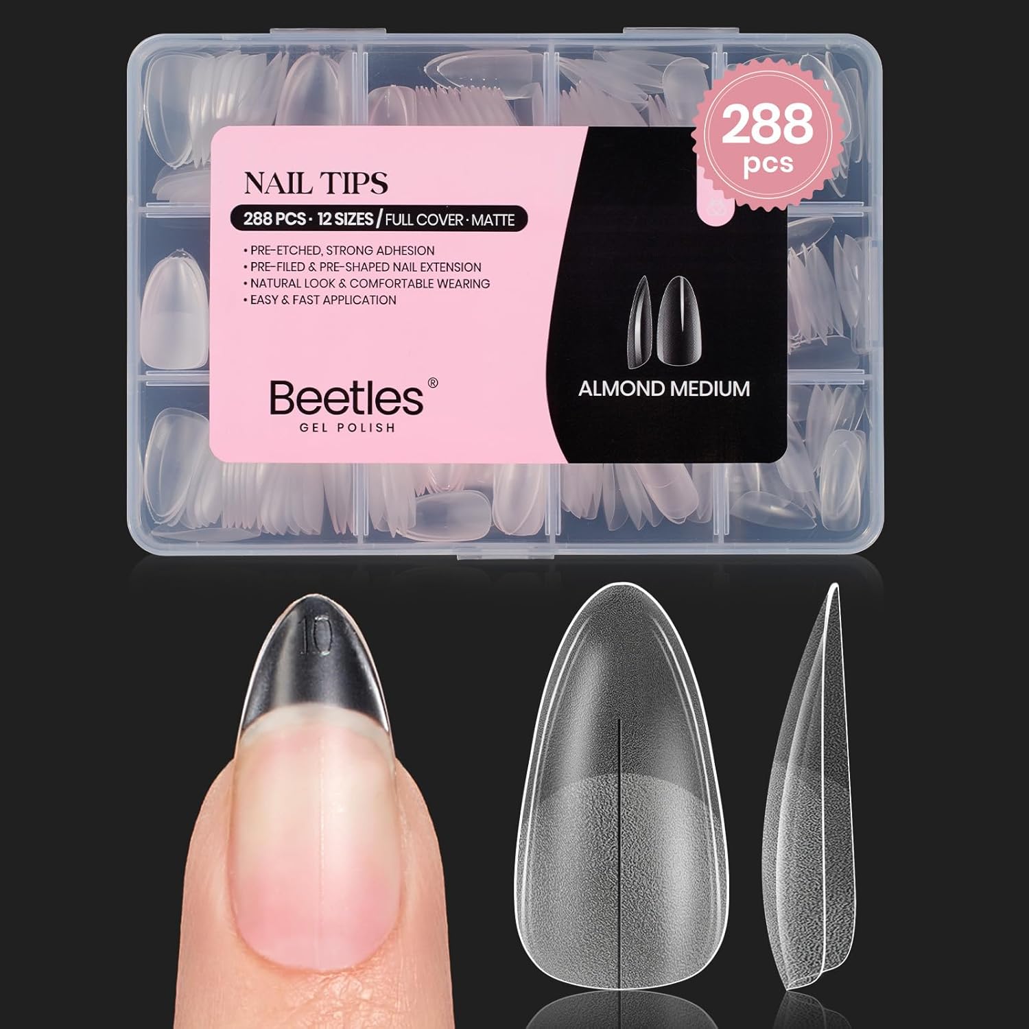 Beetles Medium Almond Nail Tips: 288PCS Medium Almond Matte Clear False Acrylic Press on Nails Tips 12 Sizes Pre-shape Full Cover Nail Tips Nail Extension DIY Valentines Day Gifts for Women-BrightBean Baby
