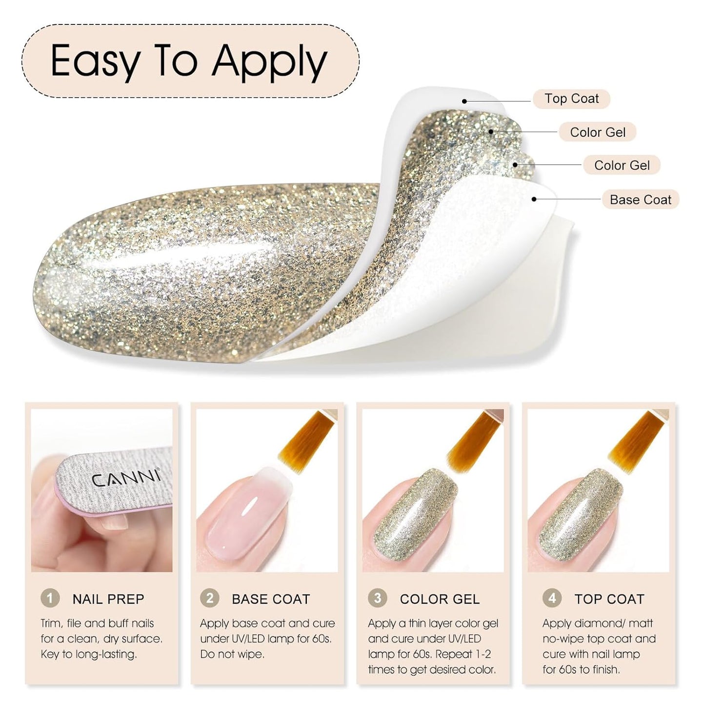 CANNI Champagne Gold Glitter Gel Polish – 9ML Sparkly Soak-Off UV/LED Gel Nail Polish, Shiny Metallic Finish for French Manicure, DIY or Salon Use-BrightBean Baby