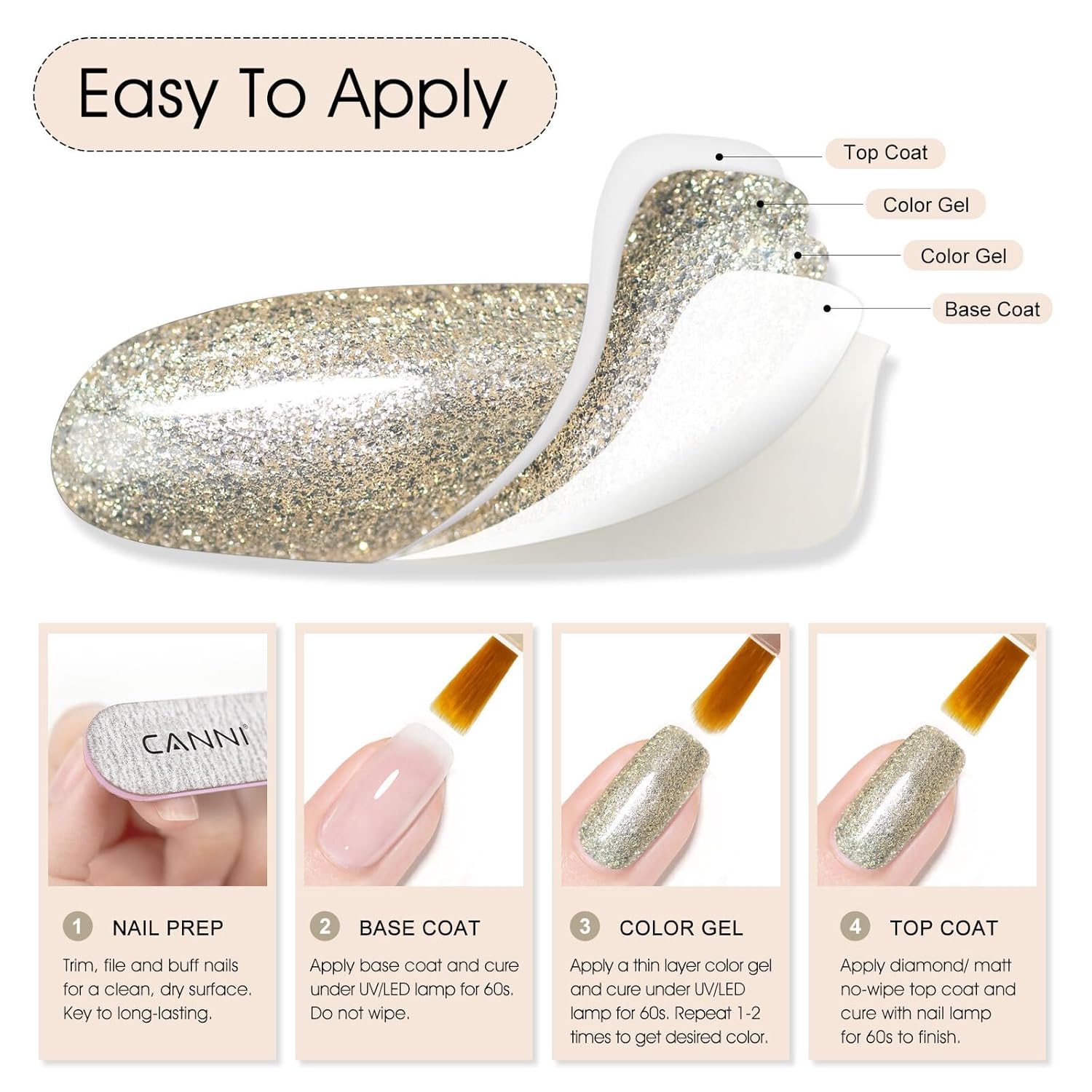 CANNI Champagne Gold Glitter Gel Polish – 9ML Sparkly Soak-Off UV/LED Gel Nail Polish, Shiny Metallic Finish for French Manicure, DIY or Salon Use-BrightBean Baby