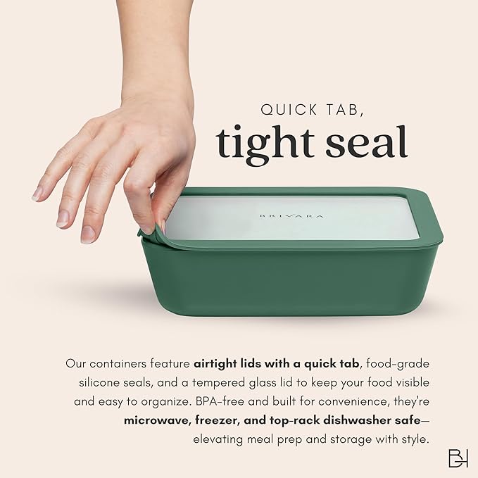 Ceramic Coated Glass Food Storage Container | No PTFE, PFOA, PFAS, and BPA | Reusable Non Toxic Meal Prep Container with Glass Lid | Easy To Store | 2.5 Cup Square [Pine]