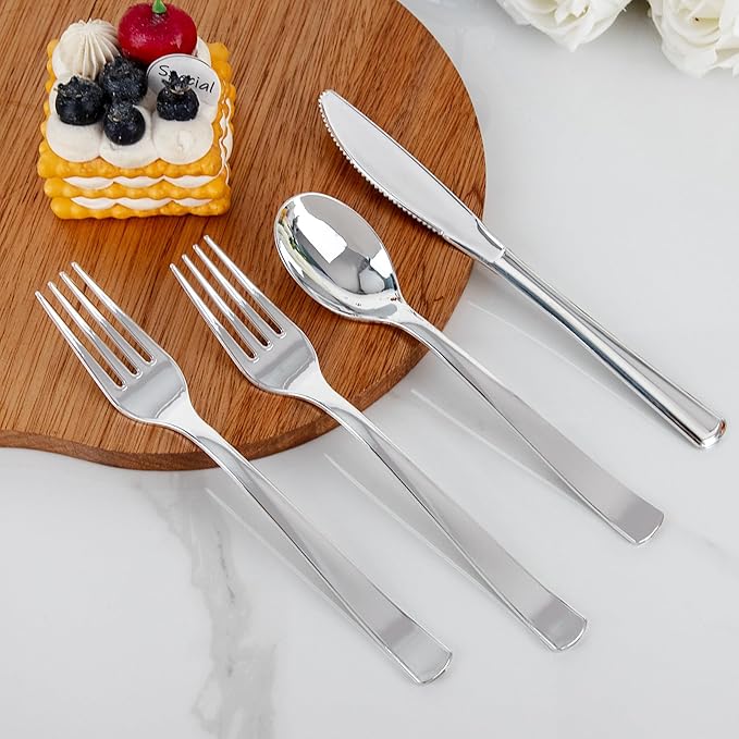 EI 360pcs Silver Plastic Silverware,Plastic Spoons and Forks,Plastic Silverware Heavy Duty,Disposable Plastic Cutlery include 120pcs Plastic Forks,120pcs Plastic Spoons and 120pcs Plastic Knives
