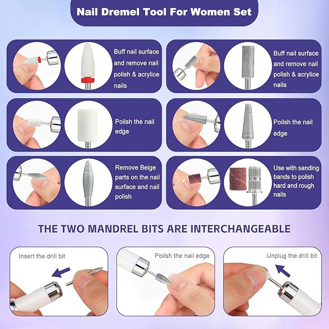 Electric Nail Drill File Cordless,Portable Rechargeable Nail File Kit for Acrylic & Gel Nails,Professional Efile for Manicure Pedicure Polishing,with 12 Nail Drill Bits 31 Sanding Bands,White-BrightBean Baby