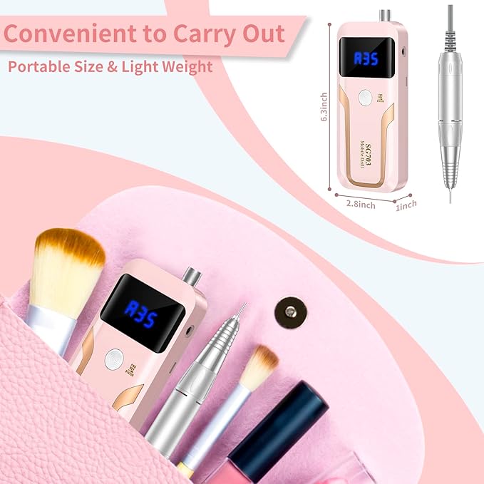 Portable Nail Drill Professional 35000 RPM, MOCOWIND Rechargeable Electric Nail File Machine E File for Acrylic Gel Polishing Removing, Cordless E-File with Bits Kit for Manicure Salon Home,Pink-BrightBean Baby