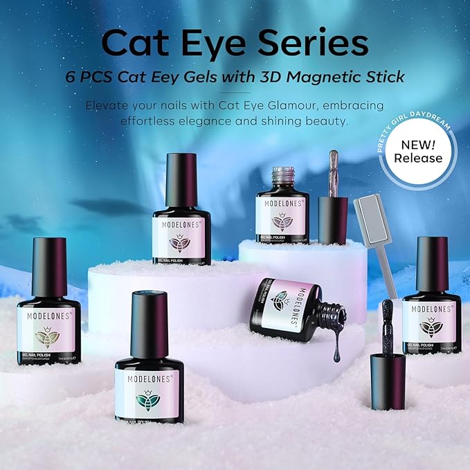 modelones Cat Eye Gel Nail Polish Set, 6 Colors Holographic 9D Glassy Cat Eye Glitter Gel Polish Set Black Blue Purple Green Nail Polish Kit with Magnet Soak Off LED Nail Art DIY Salon Gift-BrightBean Baby