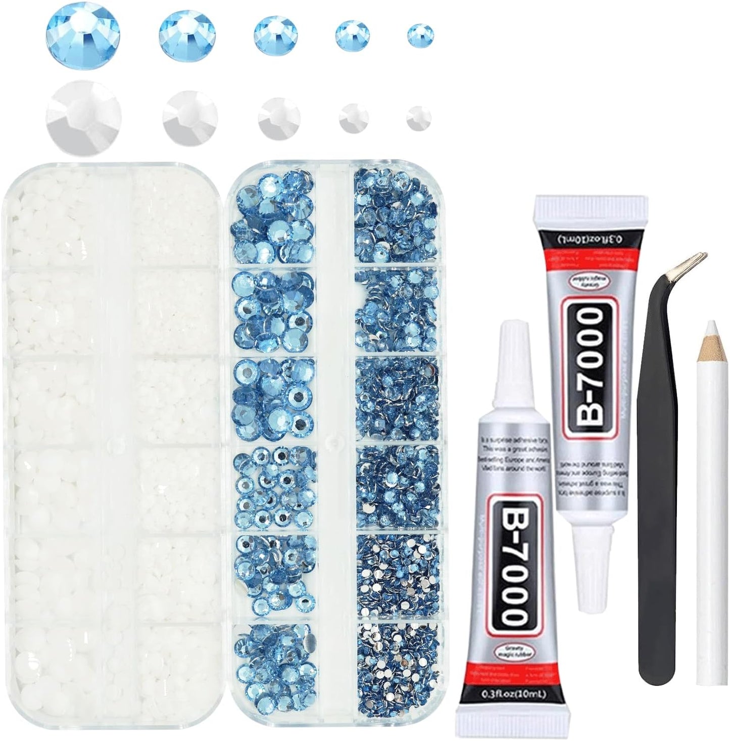 Light Blue White Rhinestones for Bedazzling With B7000 Glue, 2mm 3mm 4mm 5mm 6mm (SS8-SS30) Non-Hotfix Flatback Baby Blue White Nail Crystals Gems Beads for Bedazzle Crafting, DIY Nail Art-BrightBean Baby