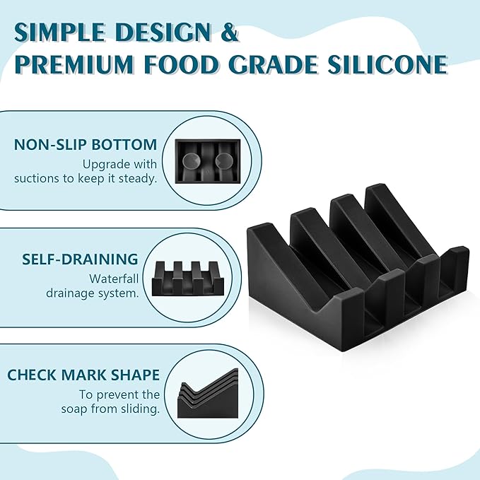 Self Draining Soap Dish,Silicone Suction Cup Soap Holder, Bathroom Soap Dish for Bar Soap,Can Extend Soap Life,Bathroom, Bath Tub, Kitchen Sink (2, Black)