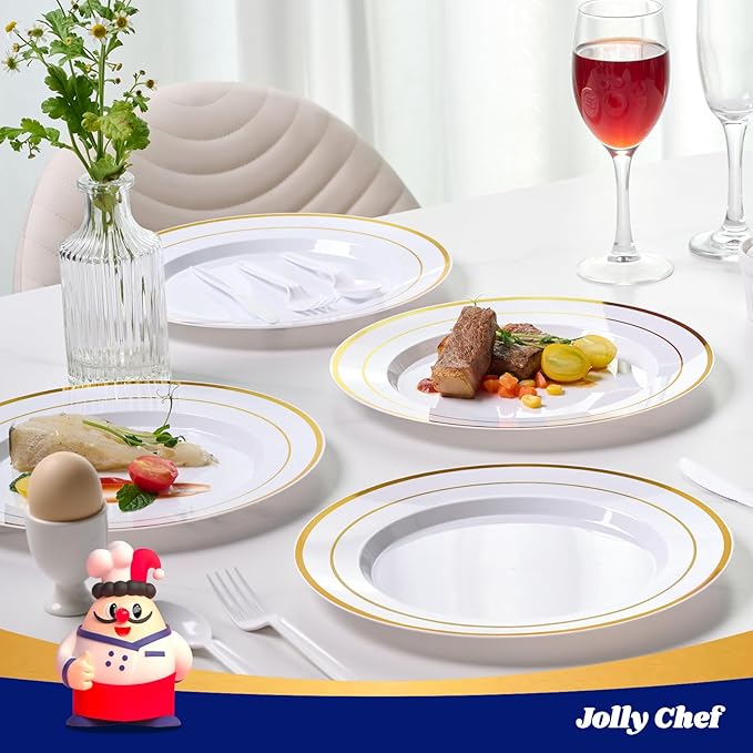JOLLY CHEF 100 Pieces Gold Plastic Plates, 10 Inch Elegant Disposable Dinner White with Gold Rim, Disposable Plastic Plates for Dinner, Birthdays and Weddings