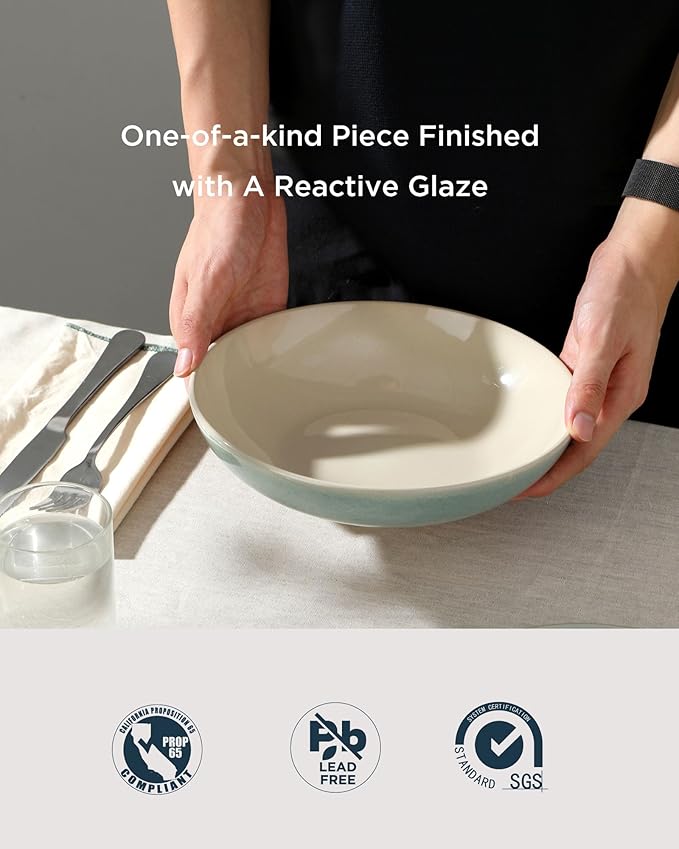 famiware 8.7" Large Pasta Bowls Set of 4, 34oz Stoneware Salad Bowl Serving Plate Bowls, Bowls for Pasta, Fruits, Salad, Noodle, Soup, Dinner- Microwave Dishwasher Safe, Glacier Series, Aqua