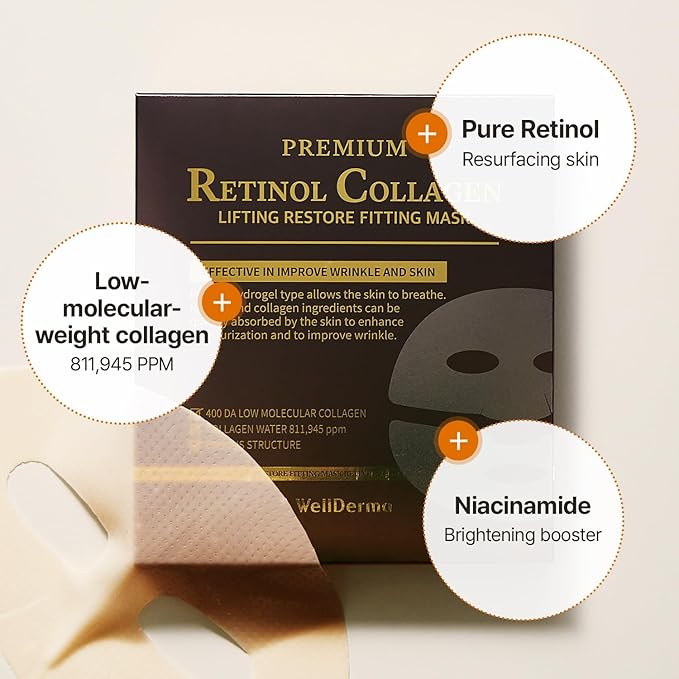WELLDERMA Premium Retinol Collagen Restore Fitting Mask 4EA - Korean Collagen Face Mask for all around care, Wrinkles, Elasticity, Brightening, Deep Hydration, Face mask Skin Care-BrightBean Baby
