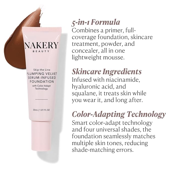 Nakery Full Coverage Plumping Liquid Foundation - Serum Infused Makeup with Niacinamide & Hyaluronic Acid for All Skin Types - Medium-BrightBean Baby