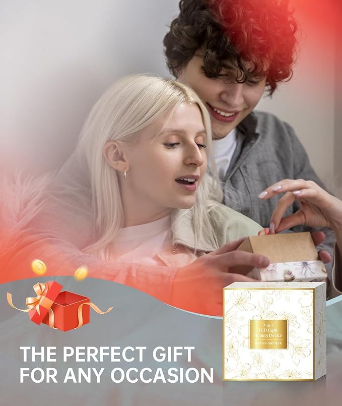 Red Light Therapy for Face and Neck, 7 Color Facial Massager with Adjustable Vibration and Thermals for Wrinkles, Double Chin, Portable Skin Care Tool with Base, White-BrightBean Baby