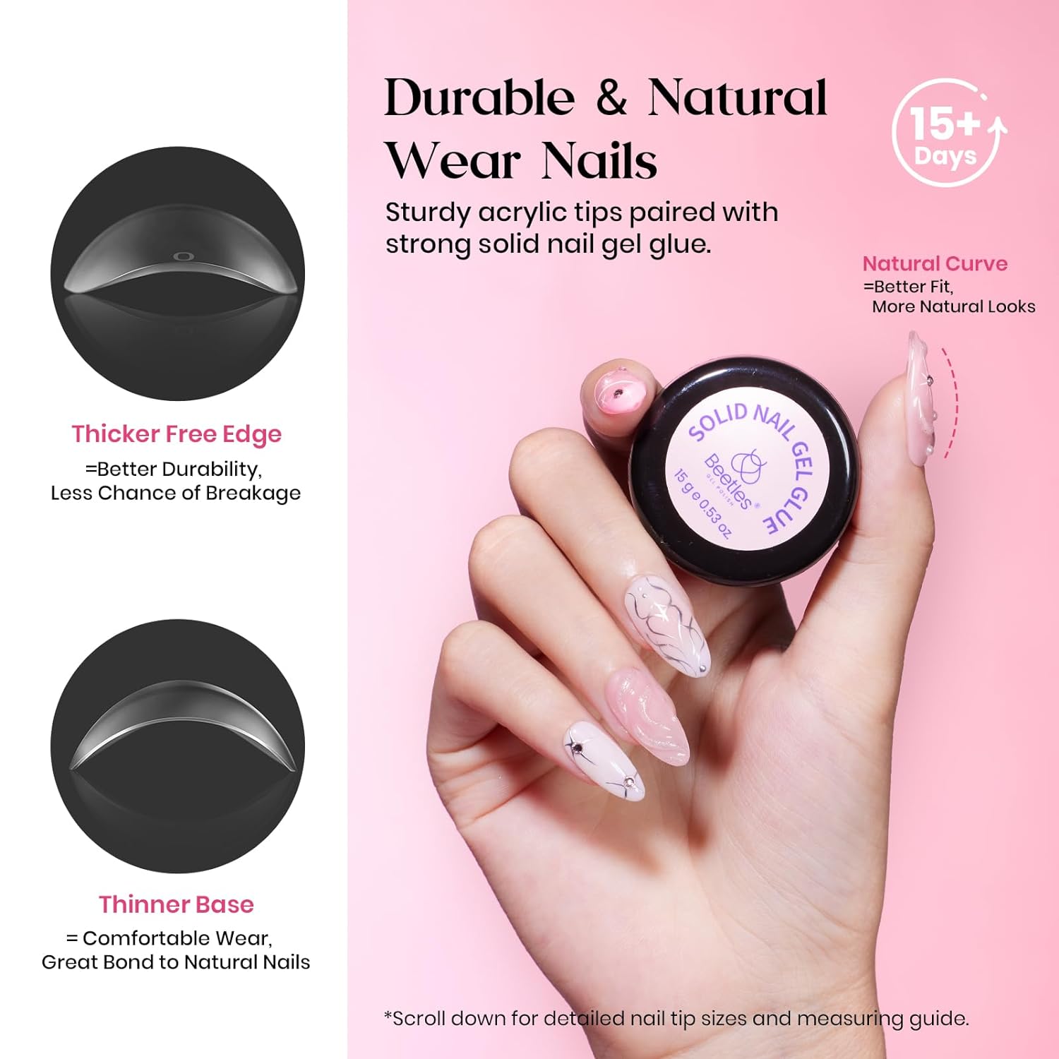 Beetles Gel Nail Kit, 300Pcs Almond Medium Nail Tips with Solid Nail Gel Glue,15 Sizes Soft Clear Nail Tips with Base Coat, Handheld Nail Lamp, Easy Nail Extension Set DIY Manicure Art Gift for Girls-BrightBean Baby