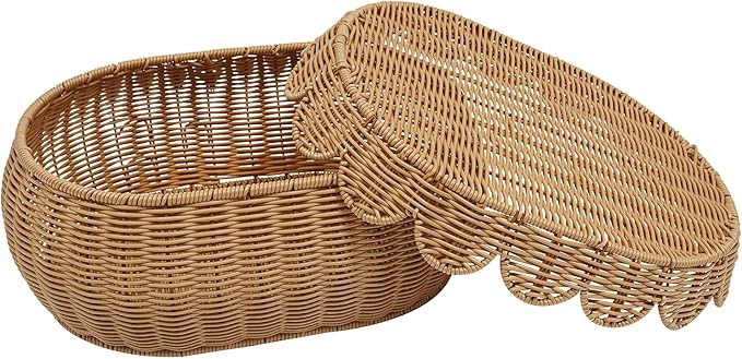 3 Pcs Wicker Storage Baskets with Lid Hand Woven Plastic Wicker Set Round Scalloped Organizer Box Natural Woven Storage Bins for Picnic,Bread,Eggs,Fruits