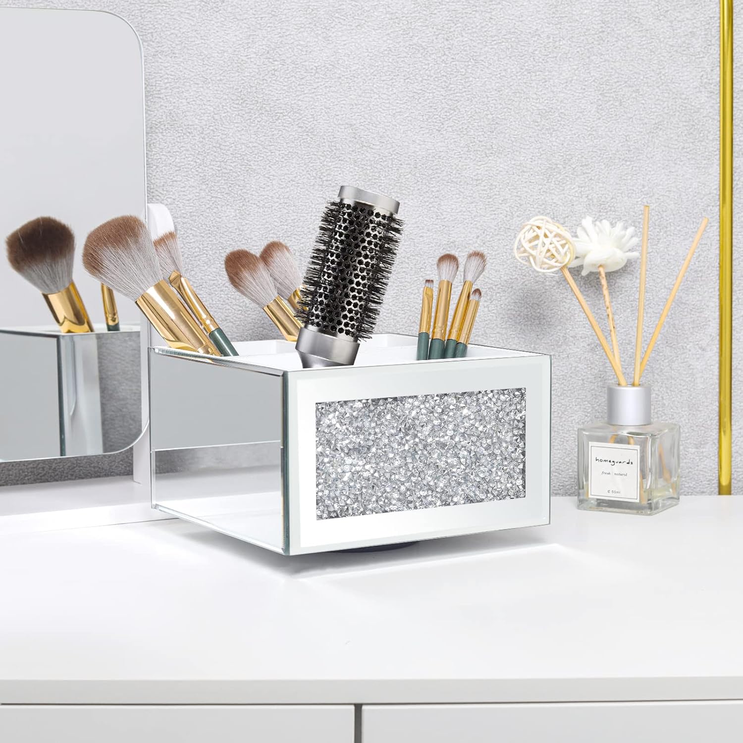 SWTHONY 360 Rotating Makeup Brush Holder Organizer, Silver Bling 4 Slot Crushed Diamond Glass Mirrored Cosmetic Brushes Storage, Eyeliners Eyebrow Pencil Display Case-BrightBean Baby