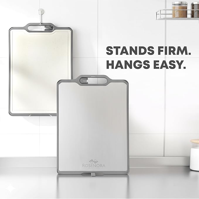 Double-Sided Cutting Board with Stand, Knife Sharpener & Grater | Non-Toxic Titanium + Wheatstraw PP Chopping Board | Healthy Choice Kitchen Accessory for Meat, Vegetables & Fruit